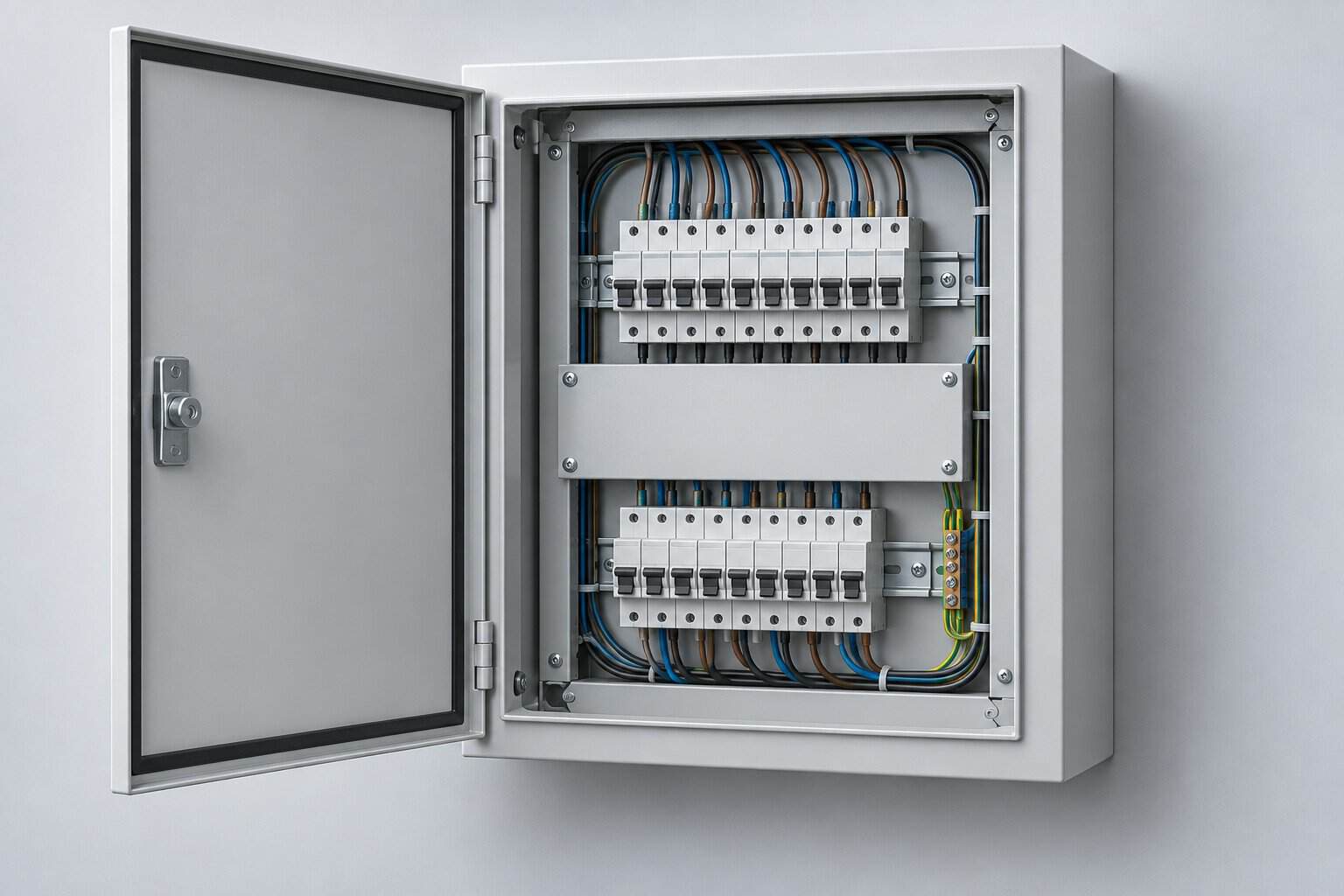 Distribution boxes and panel boards installed in an electrical room