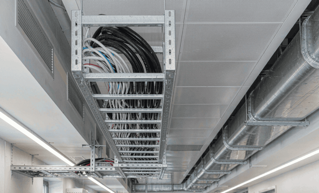 Steel cable tray supporting electrical cables in a building