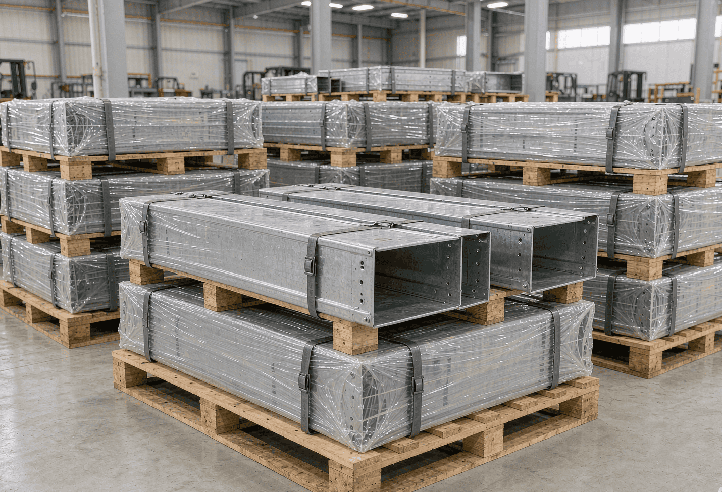 Cable tray sections bundled on export pallets