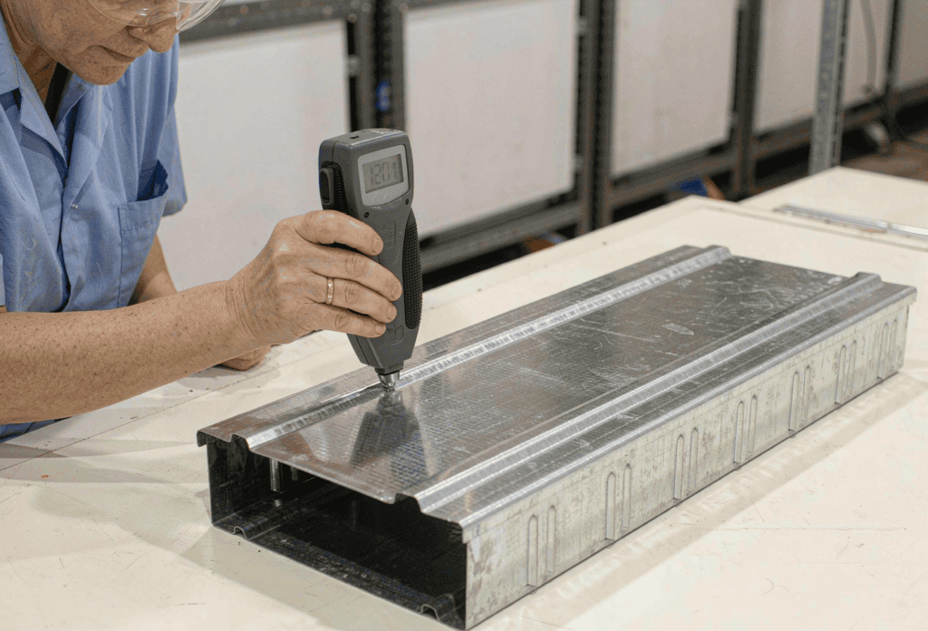 Technician checking cable tray coating thickness